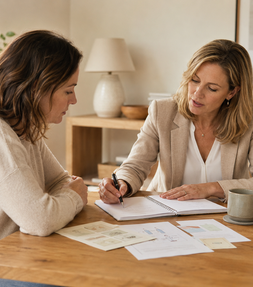 Zwei Frauen arbeiten gemeinsam an einem Tisch mit Notizen und Bildkarten