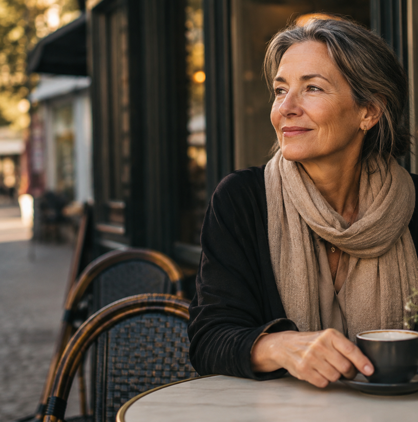 Frau mit grauem Haar sitzt nachdenklich vor einem Café