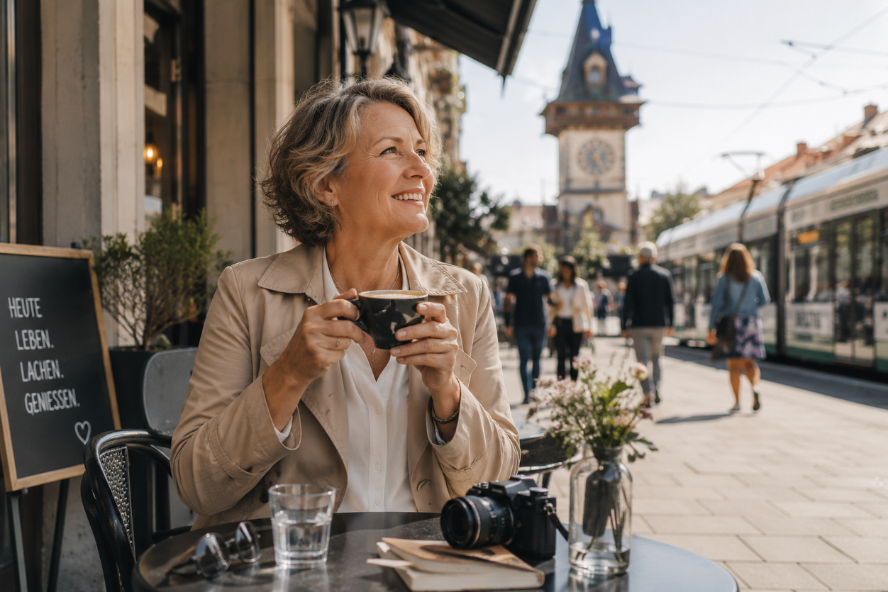 Frau sitzt in einem Grazer Straßencafé, im Hintergrund der Uhrturm