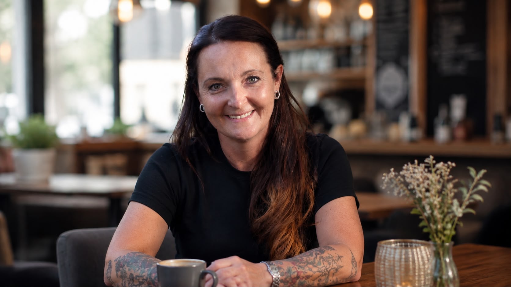 Jeanine Schlögl in einem Café