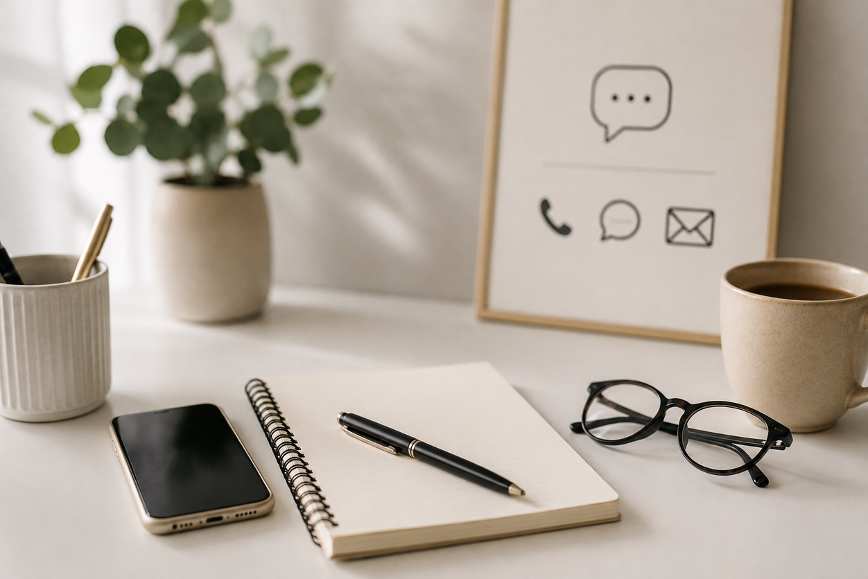 Schreibtisch mit Notizbuch, Telefon und Brille