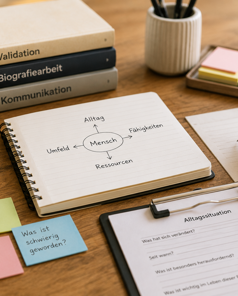 Notizbuch mit einer Skizze: Mensch im Zentrum, umgeben von Alltag, Fähigkeiten, Umfeld und Ressourcen
