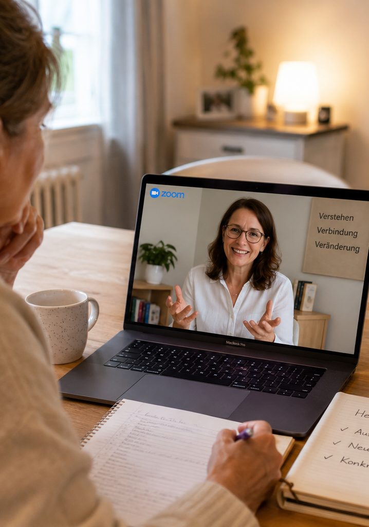 Frau nimmt zu Hause an einem Zoom-Gespräch am Laptop teil